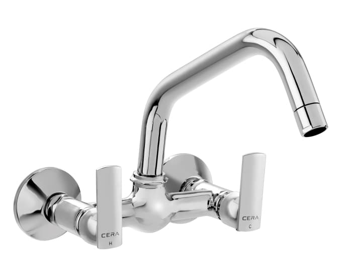 Titanium Single Lever Sink Mixer (Wall Mounted) with 180 mm (7") Long Swivel Spout, Connecting Legs and Wall Flanges | Chrome Finish | For Kitchen Use