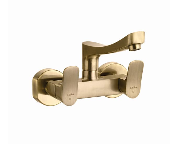 Perla Sink Mixer (Hot & Cold Water) (Wall Mounted) | Antique Brass Finish | With 200 mm (8") Long Swivel Spout, Connecting Leg and Wall Flange | For Kitchen use
