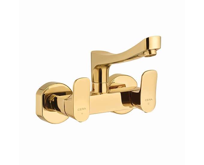 Perla Sink Mixer (Hot & Cold Water) (Wall Mounted) | French Gold Finish | With 200 mm (8") Long Swivel Spout, Connecting Leg and Wall Flange | For Kitchen use