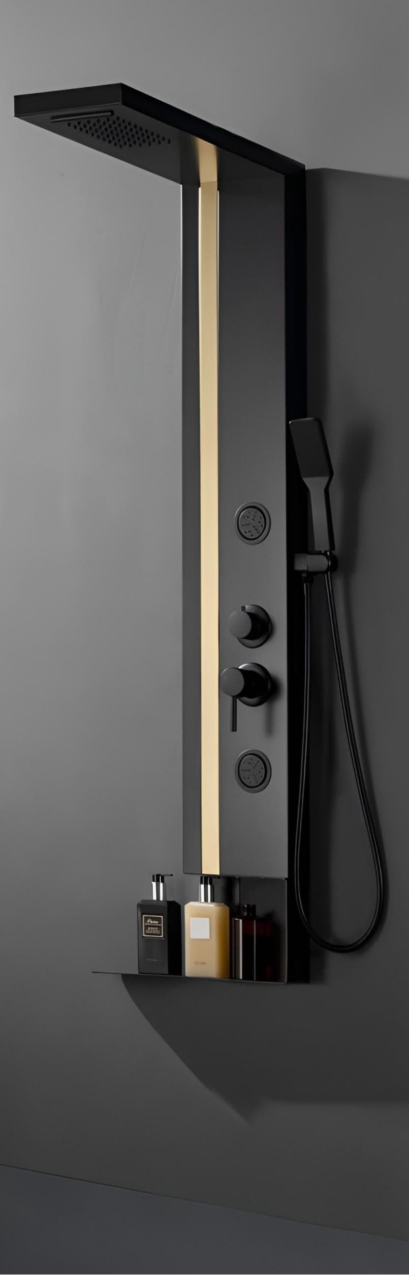 Shower Panel | Wall Mounted | Size: 1400x220mm | Finish: Black & Gold | Included: Overhead Shower, Hand Shower, Body Jets, Mixer Controls | Suitable replacement for Wall Mixer