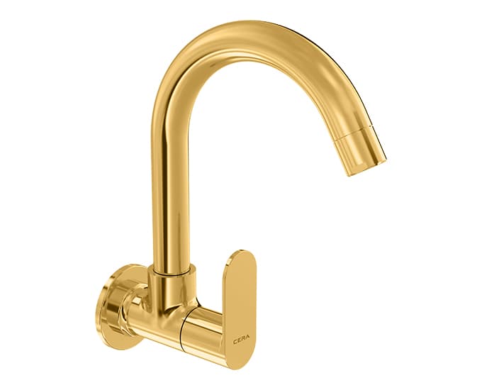 Curve Sink Cock (Wall Mounted) with 150 mm (6") Long Swivel Spout Connecting Legs and Wall Flanges | Chrome Finish | For Kitchen Use