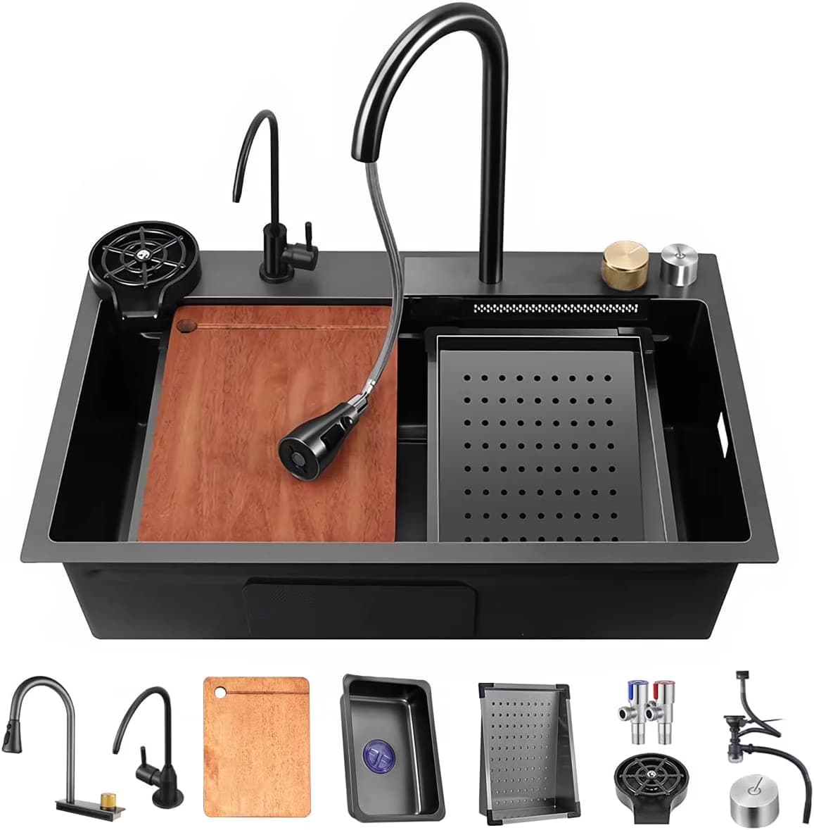 Eviere Workstation Black Handmade Kitchen Sink | Size: 30" x 18" x 9" (760mm x 460mm x 225mm) | Bowl Size: 710mm x 360mm x 220mm | Finish: Black | Included: Pull-Out Waterfall Faucet, Glass Rinser, RO Faucet, Soap Dispenser, Plumbing Kit, Chopping Board, Vegetable Colander Basket and Basket