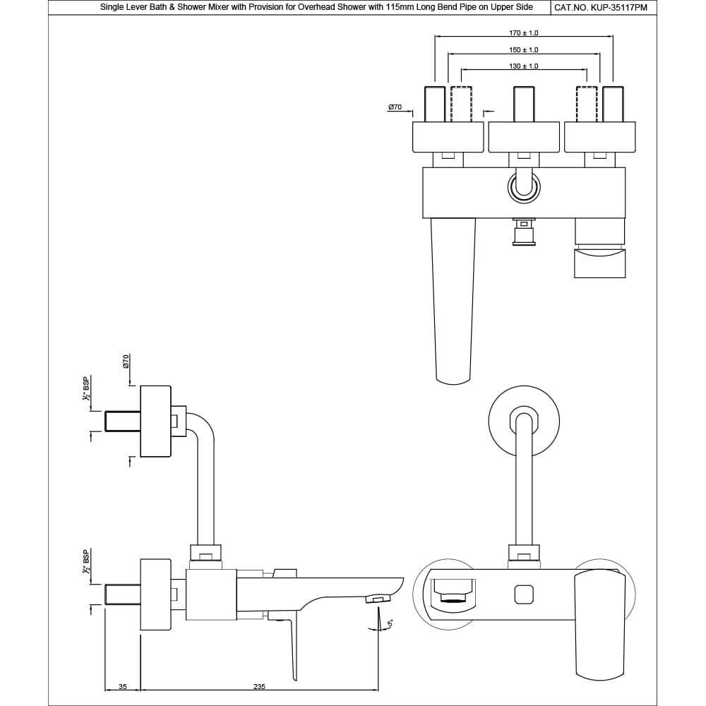 Kubix Prime Single Lever Wall Mixer for Connection to Hand Shower | Chrome Finish with Connecting Legs and Wall Flanges | Material: Brass
