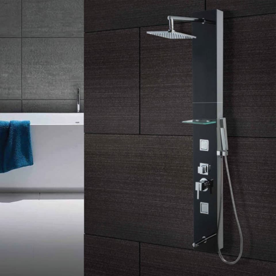 Infinity 1500 x 200 mm Shower Panel Without Thermostat Mixer | Black Finish Glass Finish Black tempered glass body • 2 ABS body massage jet • Hand shower with flexible hose • Brass Spout • Minimum water pressure | Size: 1/2" BSP