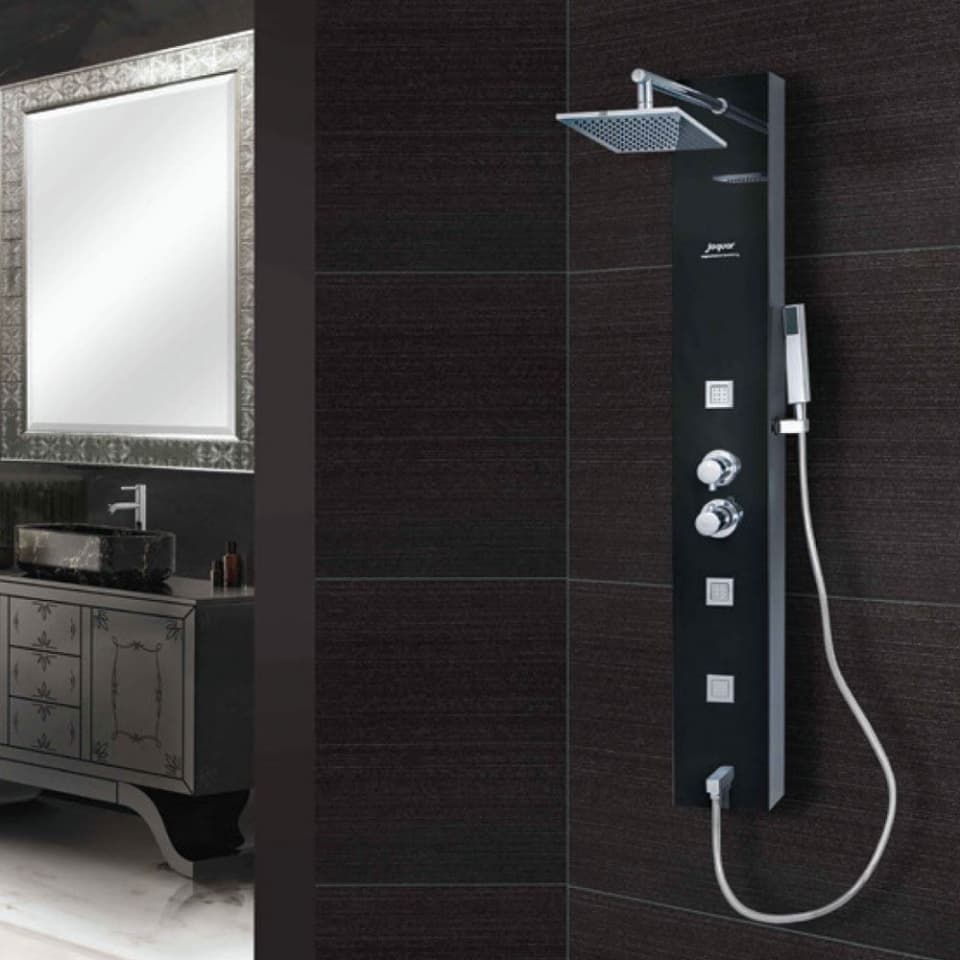 Blak 1500 x 200 mm Shower Panel With Thermostat Mixer | Black Finish Stainless steel structure • 3 adjustable vertical jets(Square) • Moveable ABS top shower • Thermostatic mixer with diverter • Hand shower with flexible hose• Button spout • Minimum water pressure required 2 bar | Size: 1/2" BSP