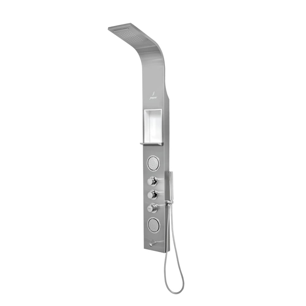 Selfy Shower Panel 1600 x 200 mm With Anti Finger Print In Stainless Steel Body Anti-finger print stainless steel body • Inbuilt ABS top shower with 60 nozzles • 2 Moveable ABS body massage jets • Hand shower with flexible hose • Brass Spout • Shelf • Thermostatic mixer with diverter 400 mm stainless steel braided hose • Minimum water pressure required 2 bar • Cascade shower | Chrome Finish