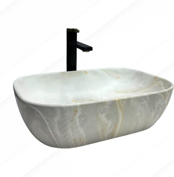 Designer Wash Basin | Table Top | Size: 460x330x135mm | Finish: Pearl Grey Onyx-Look Satin with Gold Accents — image 1