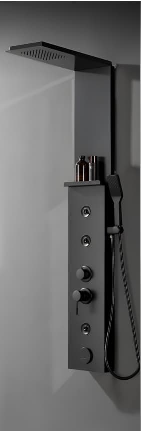Shower Panel | Size: 1400x220mm | Finish: Black | Included: Overhead Shower, Hand Shower, Body Jets, Mixer Controls | Suitable replacement for Wall Mixer