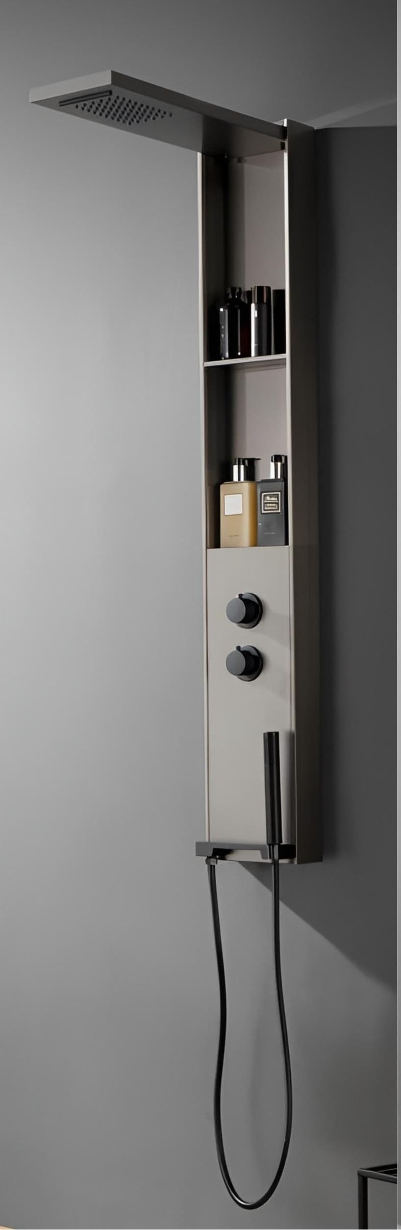 Shower Panel | Size: 1400x220mm | Finish: Gun Metal | Included: Overhead Shower, Hand Shower, Mixer Controls | Suitable replacement for Wall Mixer