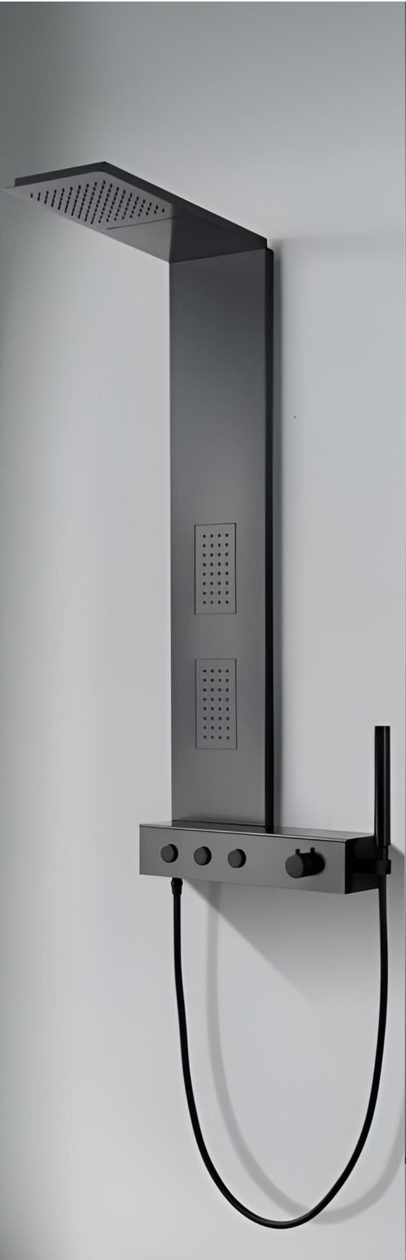 Shower Panel | Size: 1280x220mm | Finish: Black | Included: Overhead Shower, Hand Shower, Body Jets, Mixer Controls | Suitable replacement for Wall Mixer