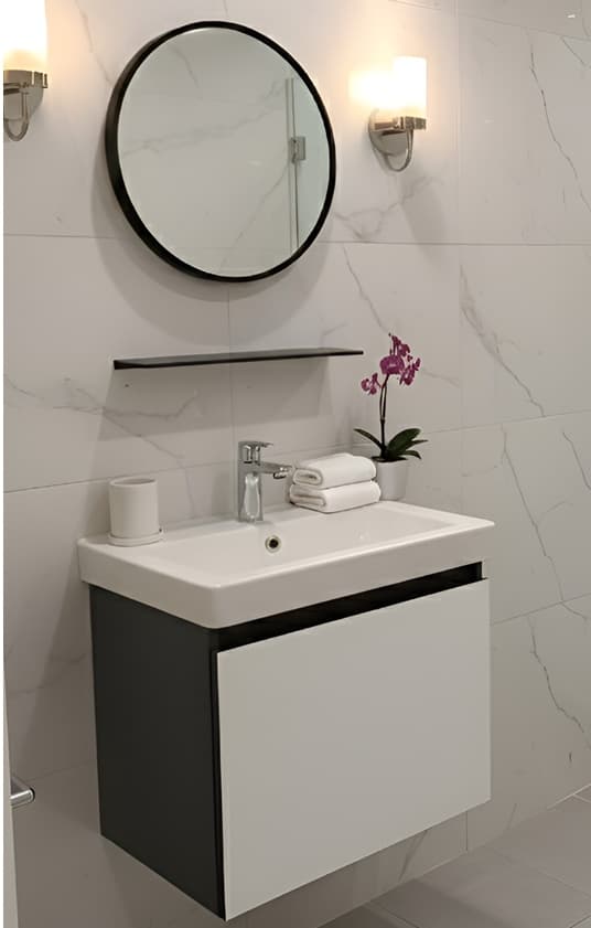 Designer Vanity Cabinet | Cabinet Size: (W)500x(D)360x(H)450mm | Finish: White | Included: Mirror, Shelf, Wash Basin, Cabinet