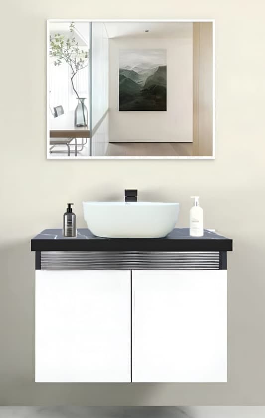 Designer Vanity Cabinet | Cabinet Size: (W)600x(D)470mm | Finish: White | Included: Mirror, Wash Basin, Cabinet — image 1