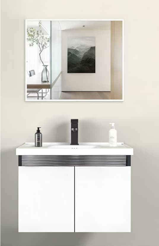 Designer Vanity Cabinet | Cabinet Size: (W)600x(D)470mm | Finish: White | Included: Mirror, Wash Basin, Cabinet