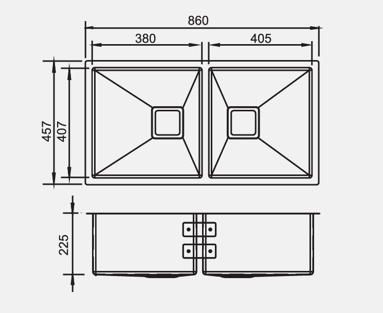 Double Bowl Series Steel Kitchen Sink 34" x 18" x 9" (860 x 457 x 225mm)| SS 304 Grade | Chrome Finish | Top Mount & Under Mount Installation | Slab Cutting Size: 380 x 407mm, 405 x 407mm — image 2