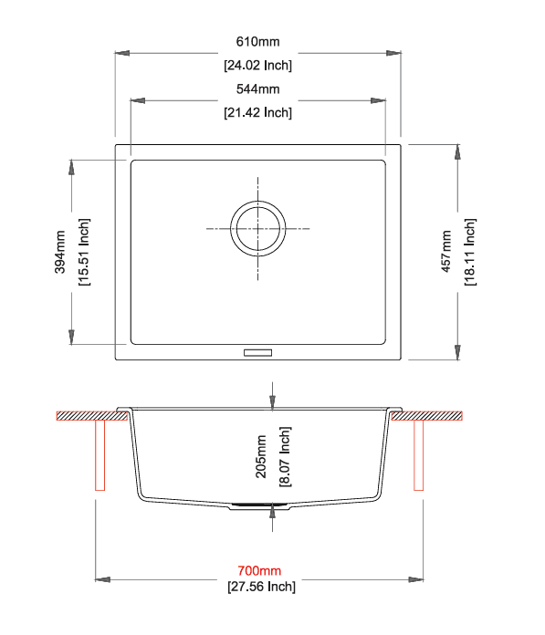 Big Bowl Series Quartz Kitchen Sink 24" × 18" x 8" ( 610 x 457 x 200mm) | Concrete Finish | Top Mount, Flush Mount & Under Mount Installation | Included Accessories: Plumbing Kit | Slab Cutting Size: 544 x 394mm — image 2