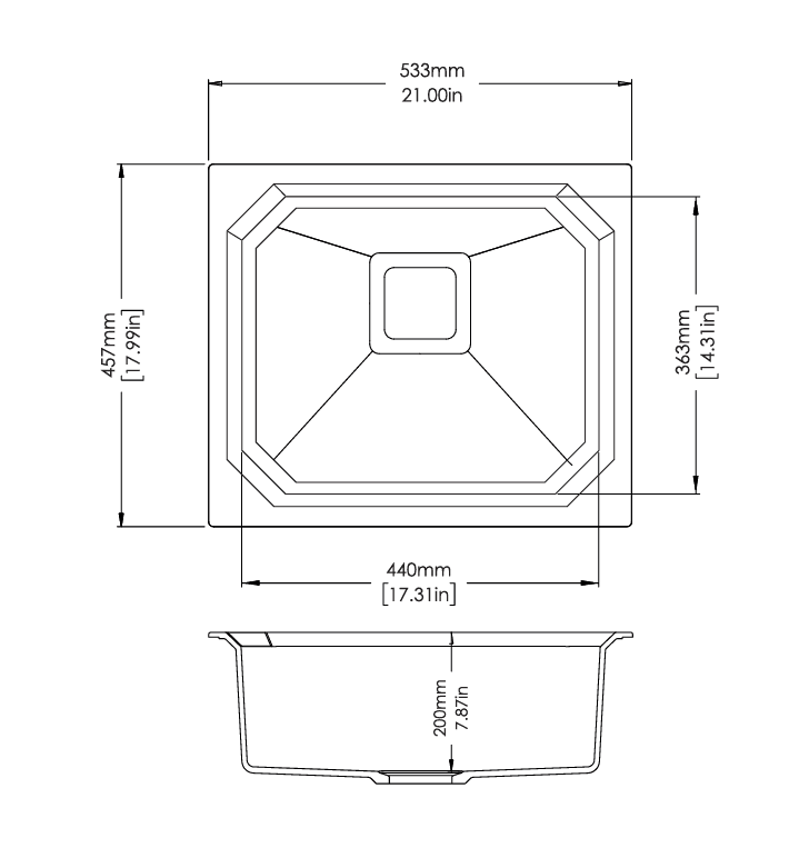 Crystal Series Quartz Kitchen Sink 21" × 18" x 8" ( 533 x 457 x 200mm) | Charcoal Finish | Top Mount, Under Mount & Flush Mount Installation | Included Accessories: Plumbing Kit | Slab Cutting Size: 440 x 363mm — image 2
