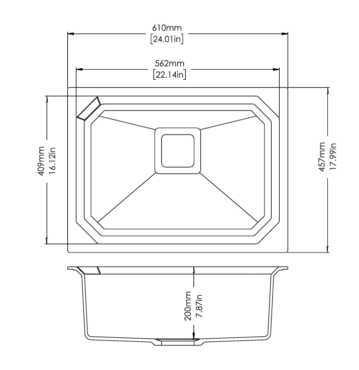 Crystal Series Quartz Kitchen Sink 24" × 18" x 8" ( 610 x 457 x 200mm) | Charcoal Finish | Top Mount, Under Mount & Flush Mount Installation | Included Accessories: Plumbing Kit | Slab Cutting Size: 562 x 409mm — image 2