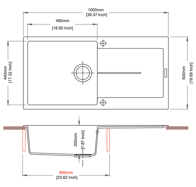 Enigma Series with Drainer Quartz Kitchen Sink 40" × 20" x 8" ( 1000 x 500 x 200mm) | Nera Finish | Top Mount, Under Mount & Flush Mount Installation | Included Accessories: Plumbing Kit | Slab Cutting Size: 480 x 440mm — image 2