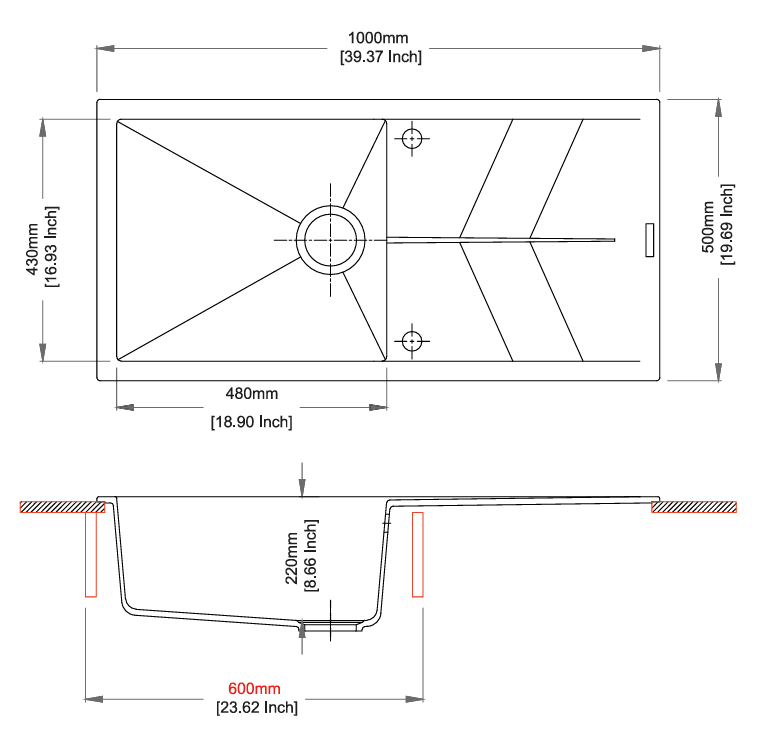 Jazz Series with Drainer Quartz Kitchen Sink 40" × 20" x 9" ( 1000 x 500 x 225mm) | Concrete Finish | Top Mount, Under Mount & Flush Mount Installation | Included Accessories: Plumbing Kit | Slab Cutting Size: 480 x 430mm — image 2
