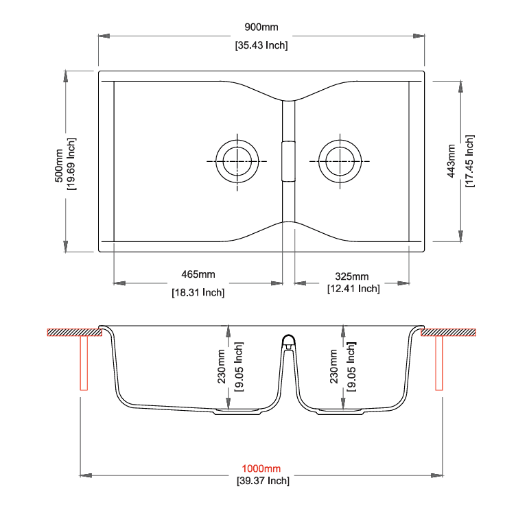 Largo Series Double Bowl Quartz Kitchen Sink 39" x 20" x 9" (900 x 500 x 225mm) | Concrete Finish | Top Mount, Flash Mount & Under Mount Installation | Included Accessories: Plumbing Kit | Slab Cutting Size: 465 x 443mm, 325 x 443mm — image 2