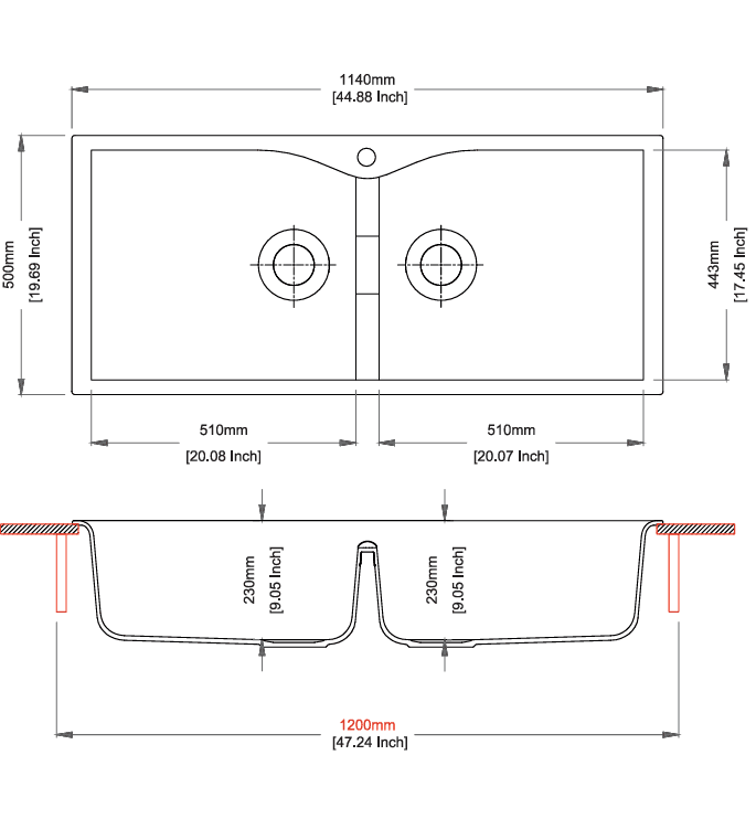 Largo Series Double Bowl Quartz Kitchen Sink 45" x 20" x 9" (1100 x 500 x 225mm) | Concrete Finish | Top Mount, Flash Mount & Under Mount Installation | Included Accessories: Plumbing Kit | Slab Cutting Size: 510 x 443mm, 510 x 443mm — image 2