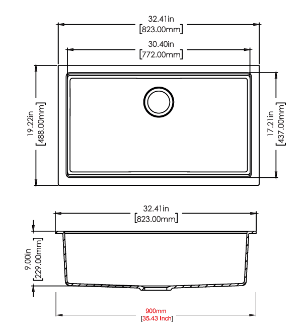 New Lounge Quartz Kitchen Sink 33" × 19" x 9" ( 823 x 488 x 225mm) | Deep Black Finish | Under Mount Installation | Included Accessories: Plumbing Kit | Slab Cutting Size: 772 x 437mm — image 3