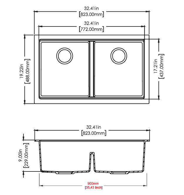 New Lounge Double Bowl Quartz Kitchen Sink 32" x 19" x 9" (823 x 488 x 225mm)| Deep Black Finish | Under Mount Installation | Included Accessories: Plumbing Kit | Slab Cutting Size: 772 x 437mm — image 2