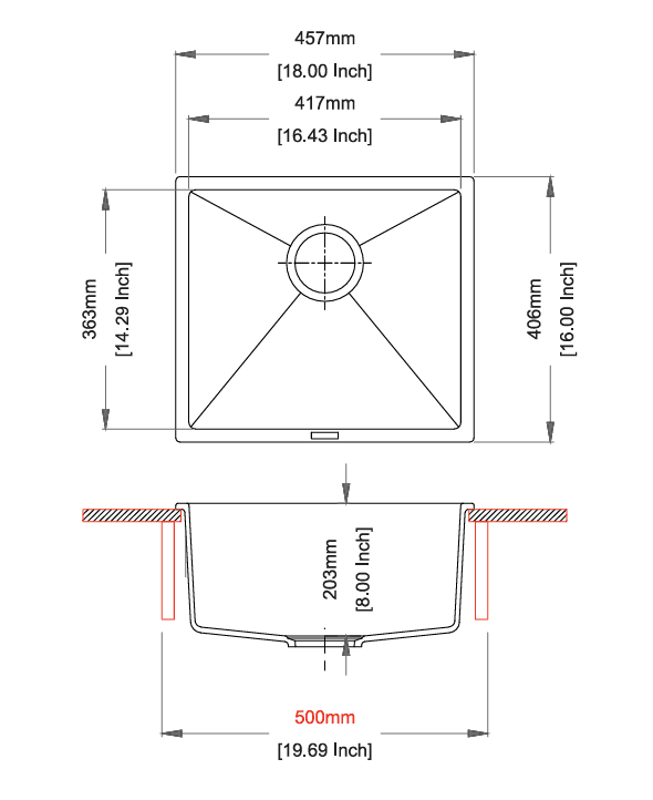Magic Salsa Series Quartz Kitchen Sink 18" × 16" x 8" ( 457 x 406 x 200mm) | Concrete Finish | Top Mount, Flush Mount & Under Mount Installation | Included Accessories: Plumbing Kit | Slab Cutting Size: 417 x 363mm — image 2