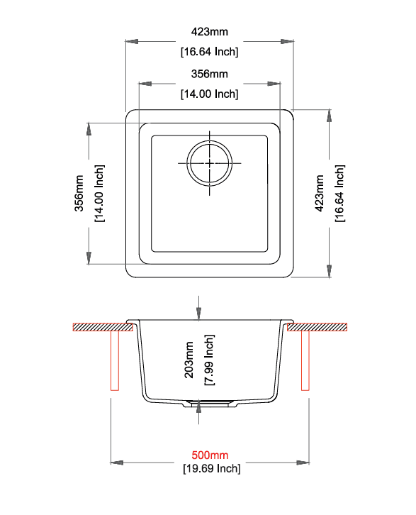 Neo Salsa Series Quartz Kitchen Sink 17" × 17" x 8" ( 423 x 423 x 200mm) | Concrete Finish | Top Mount, Flush Mount & Under Mount Installation | Included Accessories: Plumbing Kit | Slab Cutting Size: 356 x 356mm — image 2