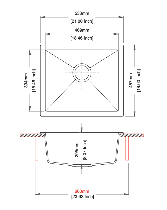 Salsa Series Quartz Kitchen Sink 21" × 18" x 8" ( 533 x 457 x 200mm) | Concrete Finish | Top Mount, Flush Mount & Under Mount Installation | Included Accessories: Plumbing Kit | Slab Cutting Size: 469 x 394mm — image 2