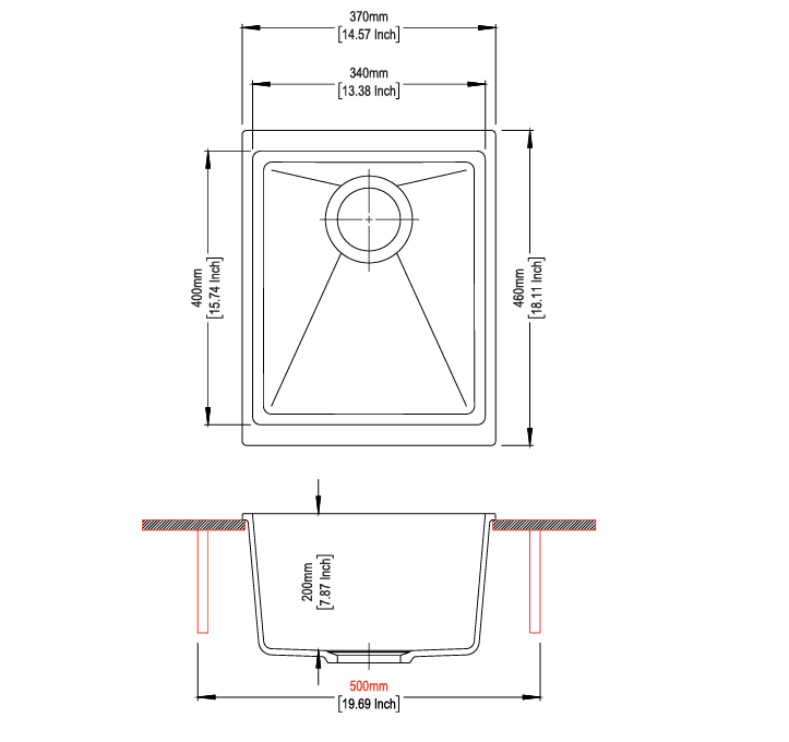 Smart Series Quartz Kitchen Sink 14" x 18" x 8" ( 370 x 460 x 200mm) | Nera Finish | Top Mount, Under Mount & Flush Mount Installation | Included Accessories: Plumbing Kit | Slab Cutting Size: 400 x 340mm — image 2