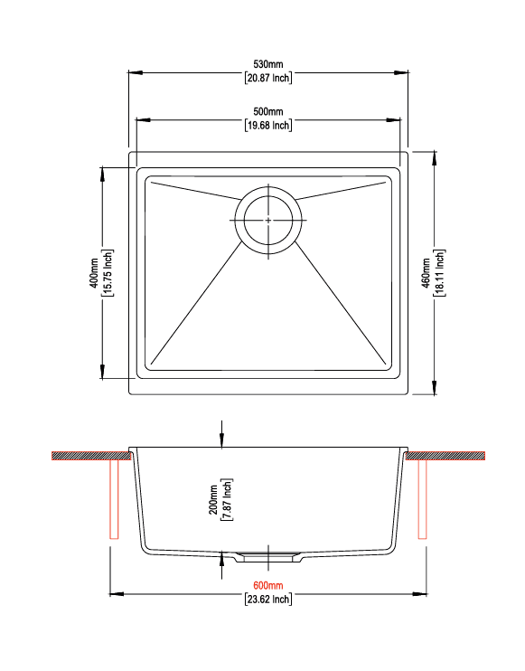Smart Series Quartz Kitchen Sink 21" × 18" x 8" ( 530 x 460 x 200mm) | Nera Finish | Top Mount, Under Mount & Flush Mount Installation | Included Accessories: Plumbing Kit | Slab Cutting Size: 500 x 400mm — image 2