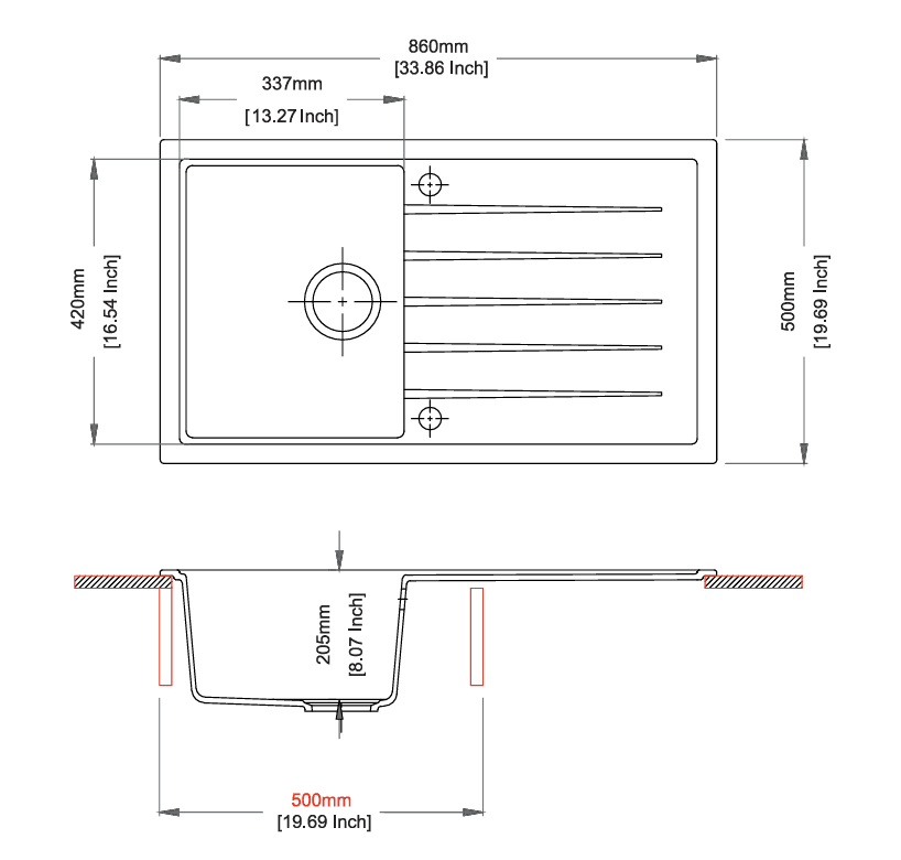 Vivaldi Series with Drainer Quartz Kitchen Sink Sink 34" × 20" x 8" ( 860 x 500 x 200mm) | Concrete Finish | Top Mount, Under Mount & Flush Mount Installation | Included Accessories: Plumbing Kit | Slab Cutting Size: 337 x 420mm — image 2