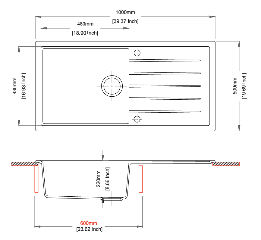 Vivaldi Series with Drainer Quartz Kitchen Sink 40" × 20" x 9" ( 1000 x 500 x 225mm) | Concrete Finish | Top Mount, Under Mount & Flush Mount Installation | Included Accessories: Plumbing Kit | Slab Cutting Size: 480 x 430mm — image 2