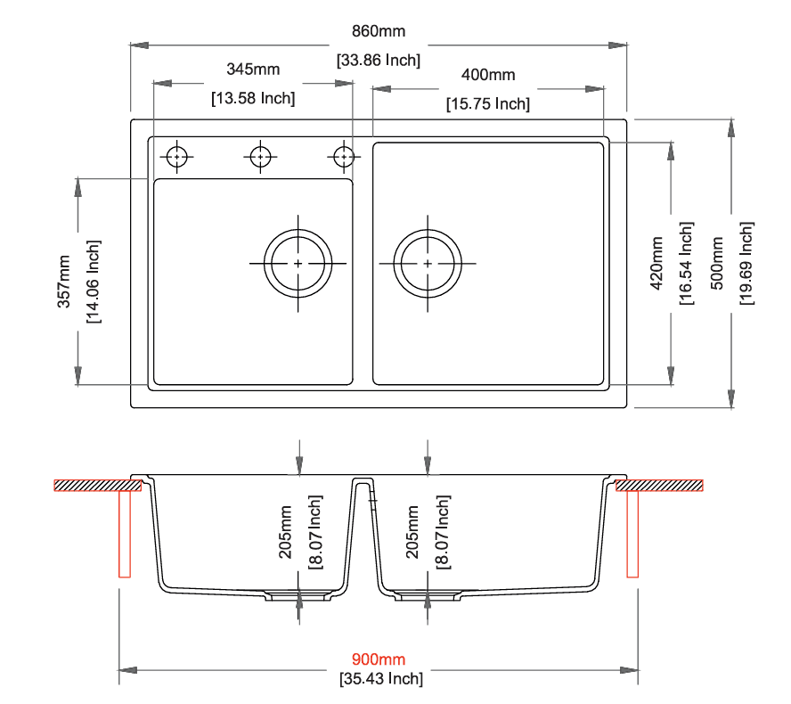 Vivaldi Series Double Bowl Quartz Kitchen Sink 34" x 20" x 8" (860 x 500 x 200mm) | Concrete Finish | Top Mount, Flash Mount & Under Mount Installation | Included Accessories: Plumbing Kit | Slab Cutting Size: 345 x 357mm, 400 x 420mm — image 2