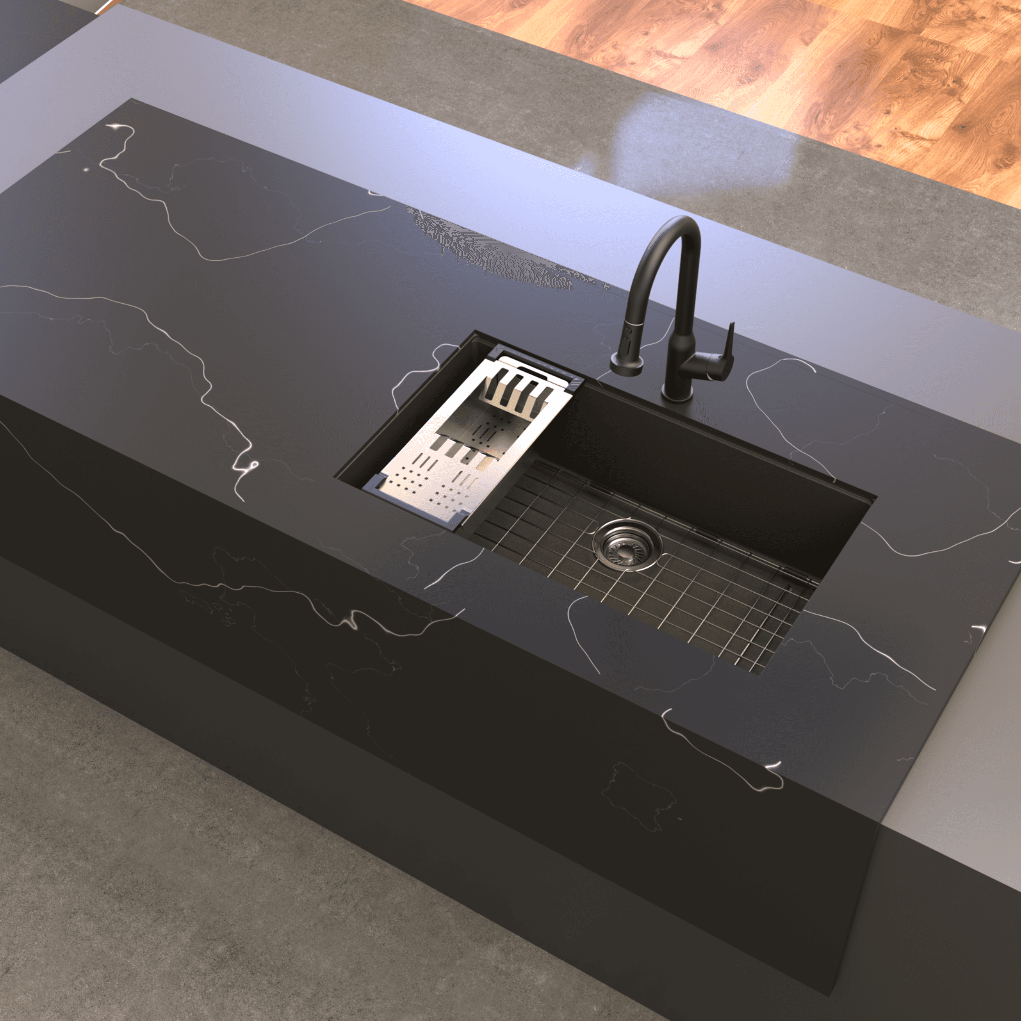 New Lounge Quartz Kitchen Sink 33" × 19" x 9" ( 823 x 488 x 225mm) | Deep Black Finish | Under Mount Installation | Included Accessories: Plumbing Kit | Slab Cutting Size: 772 x 437mm — image 2