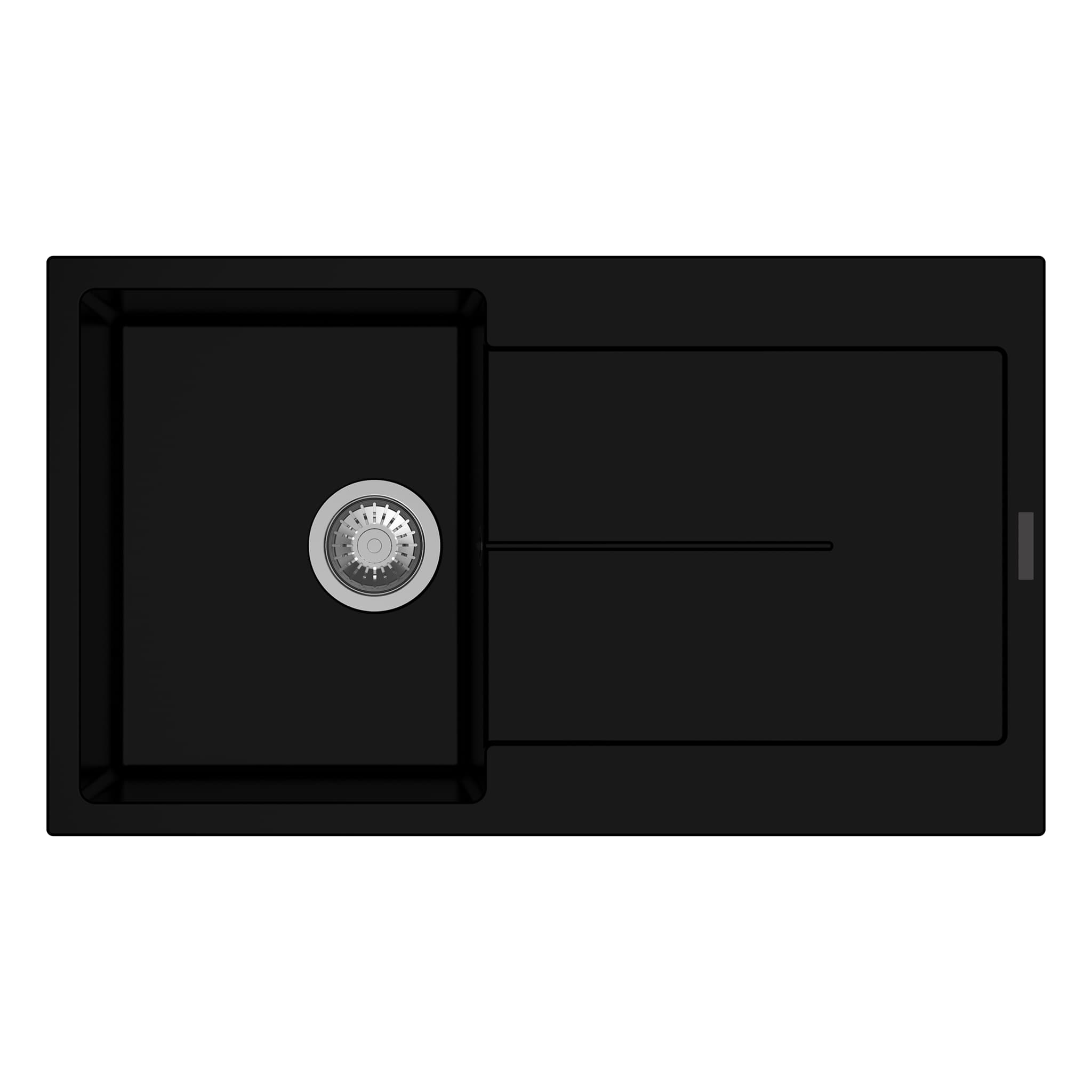 New Enigma with Drain Quartz Kitchen Sink 31" × 20" x 8" ( 790 x 500 x 200mm) | Deep Black Finish | Top Mount, Flush Mount & Under Mount Installation | Included Accessories: Plumbing Kit | Slab Cutting Size: 380 x 440mm — image 1