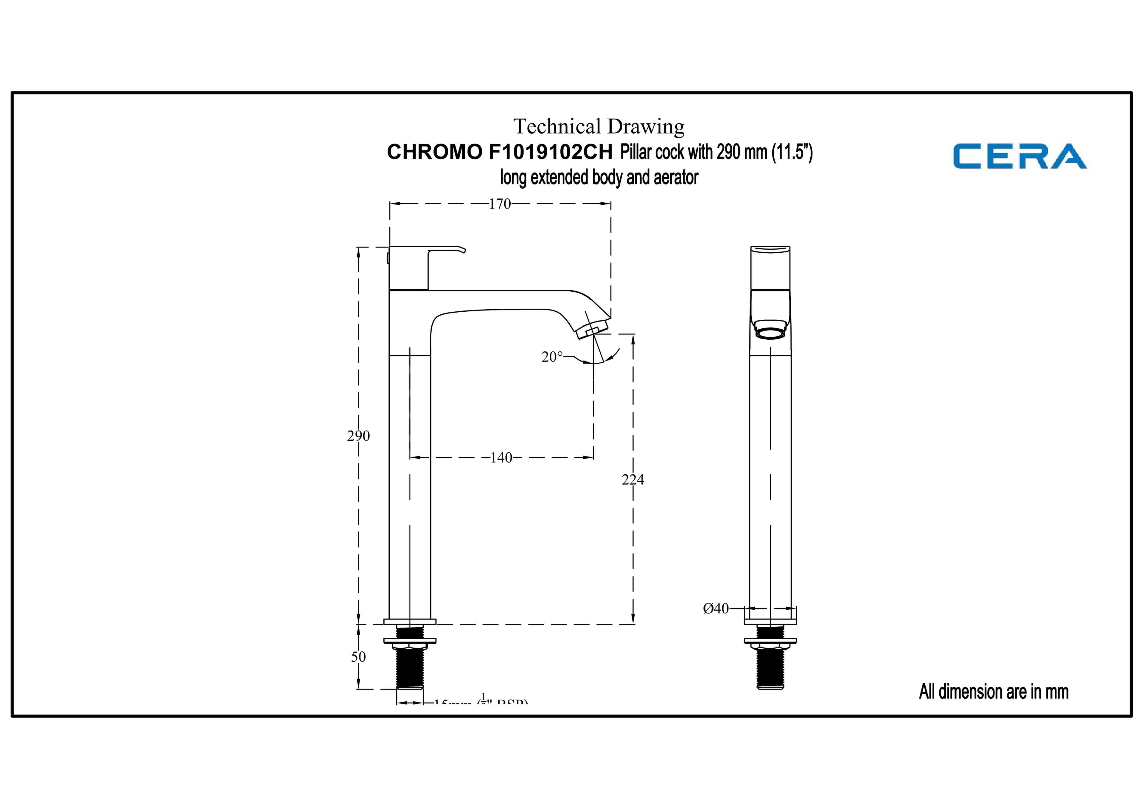 Chromo Pillar Cock Tall (Cold Water only) With (12") Long Extended Body | Chrome Finish — image 2