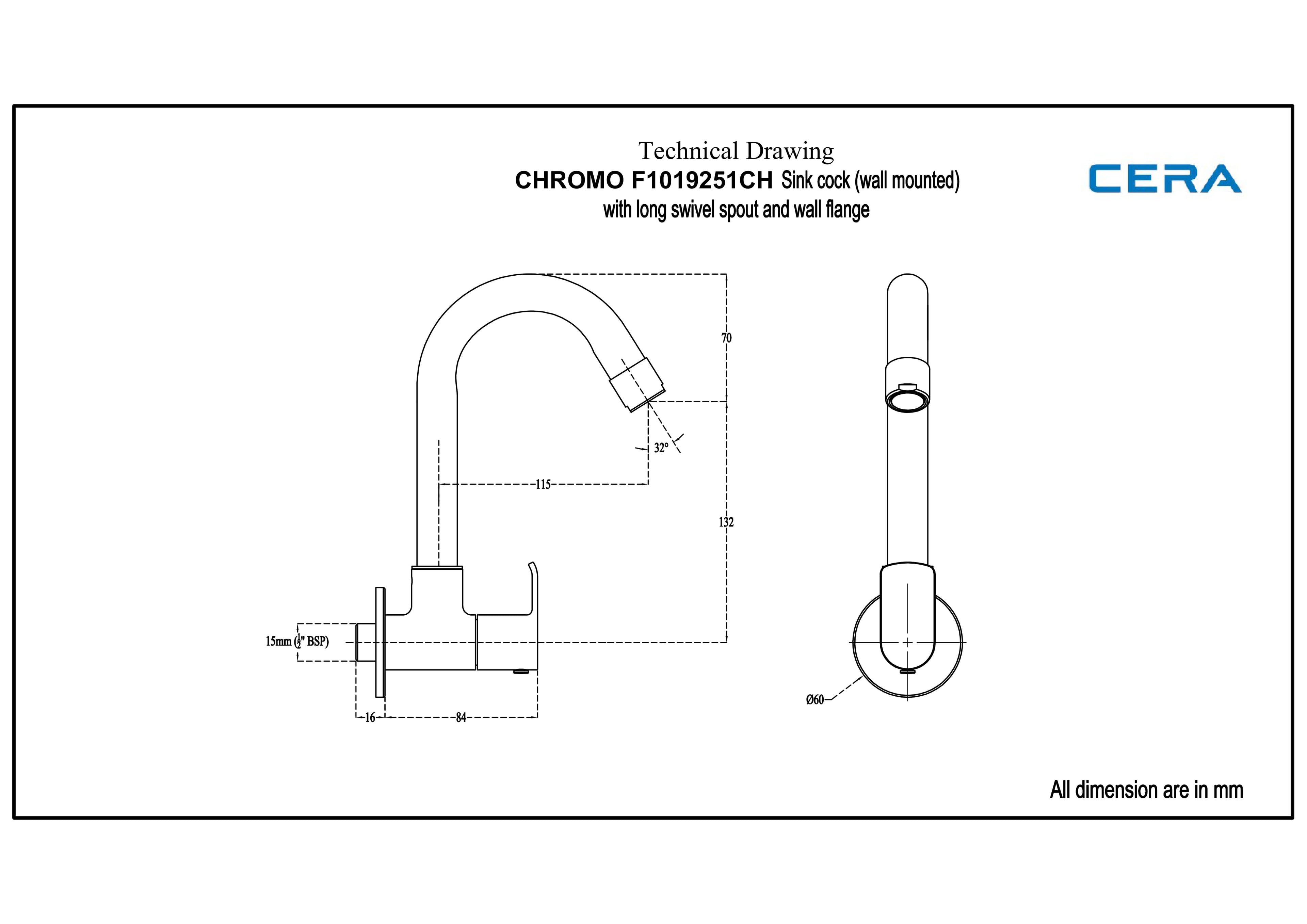 Chromo Kitchen Faucet (Cold Water Only) With 165 mm (6.5") Long Swivel Spout and Wall Flange | Chrome Finish | For Kitchen use — image 2
