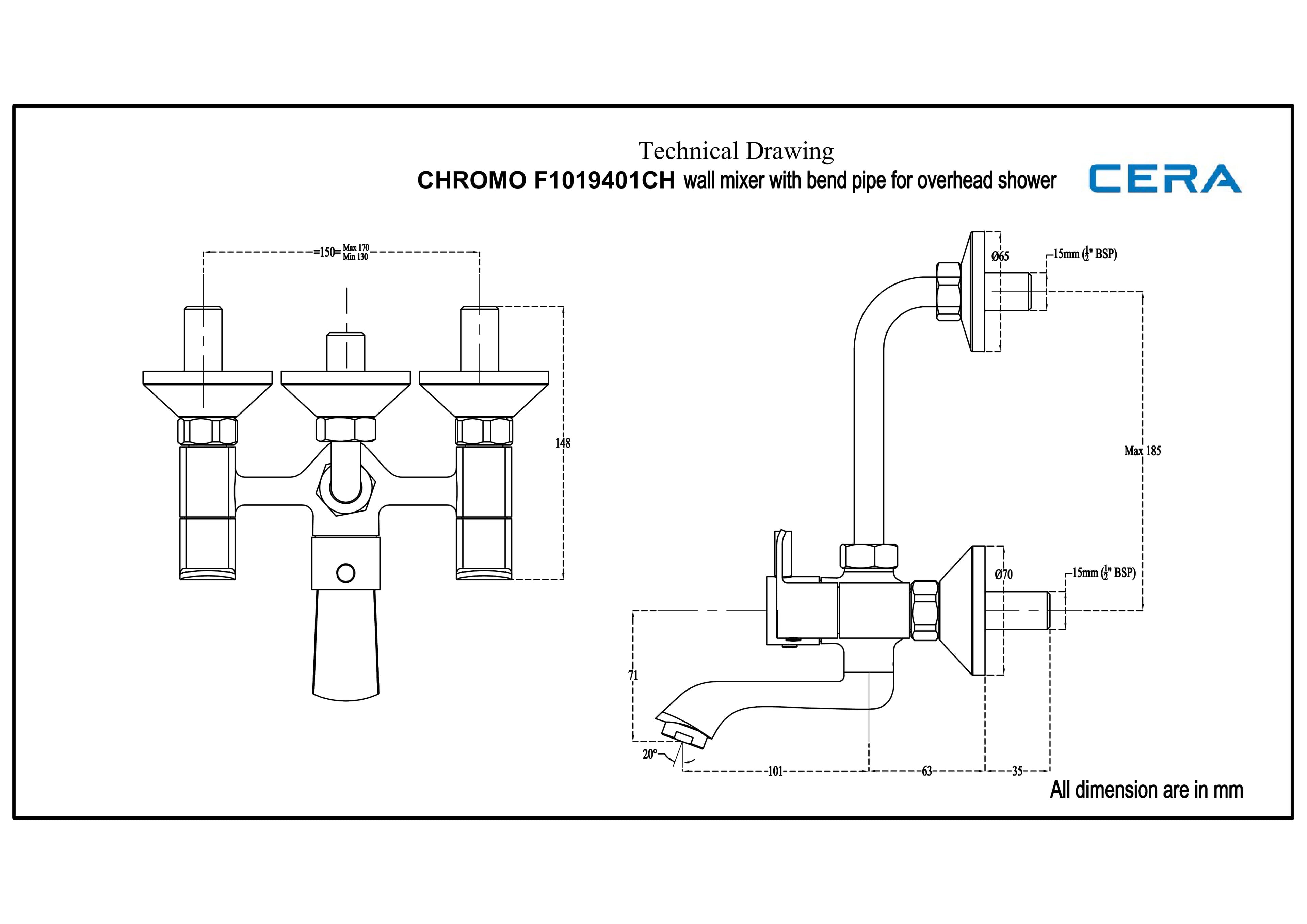 Chromo Wall Mixer With Bend Pipe for Overhead Shower | Chrome Finish — image 2