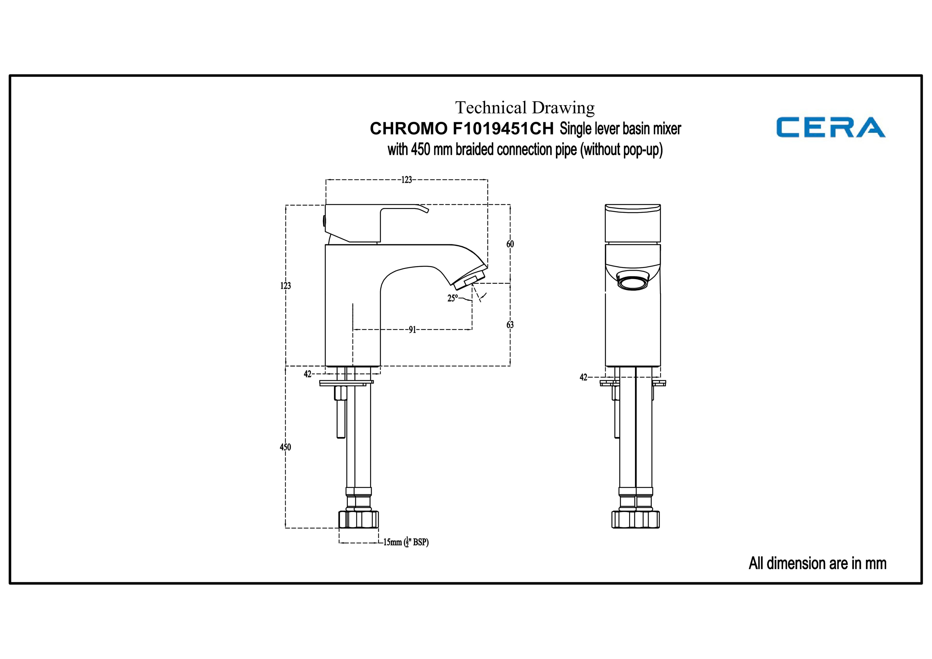 Chromo Single Lever Basin Mixer (Hot & Cold Water) | Chrome Finish | With 450 mm braided connection pipe — image 2