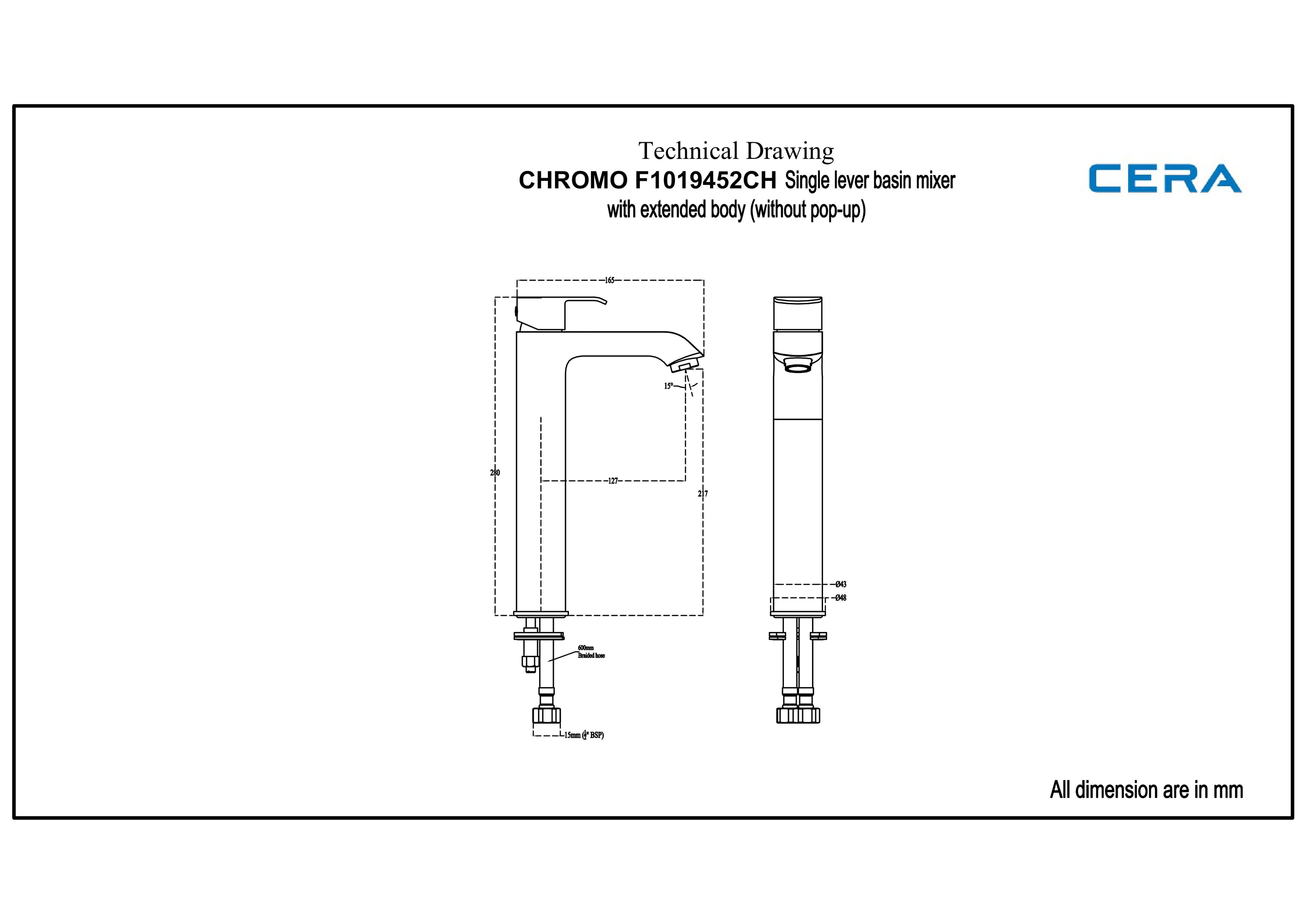 Chromo Single Lever Basin Mixer (Hot & Cold Water) | Chrome Finish | Extended Body 300 mm (12") and 600 mm Braided Connection Pipe — image 2