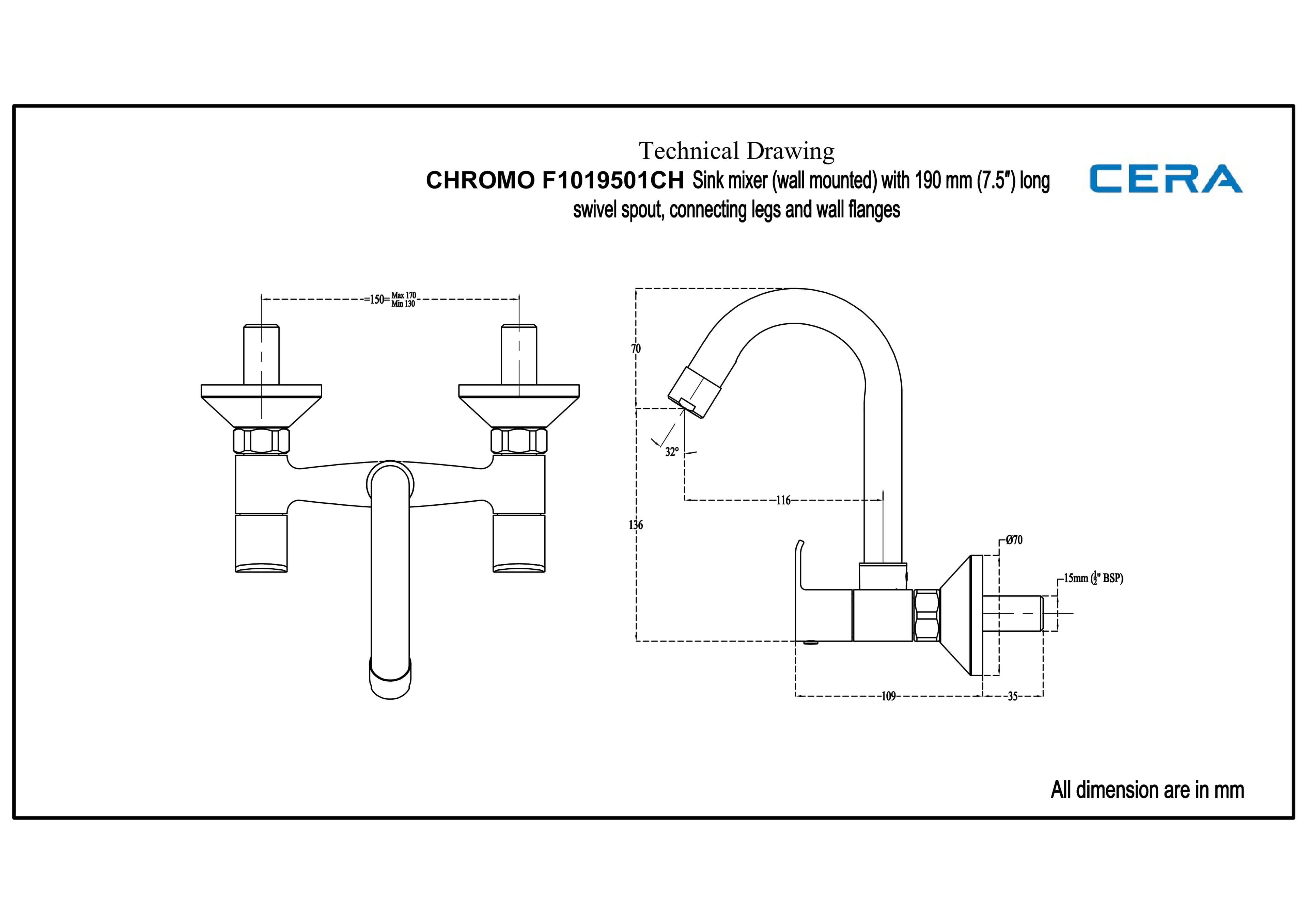 Chromo Kitchen Mixer (Hot & Cold Water) With 165 mm (6.5") Long Swivel Spout and Wall Flanges | Chrome Finish — image 2