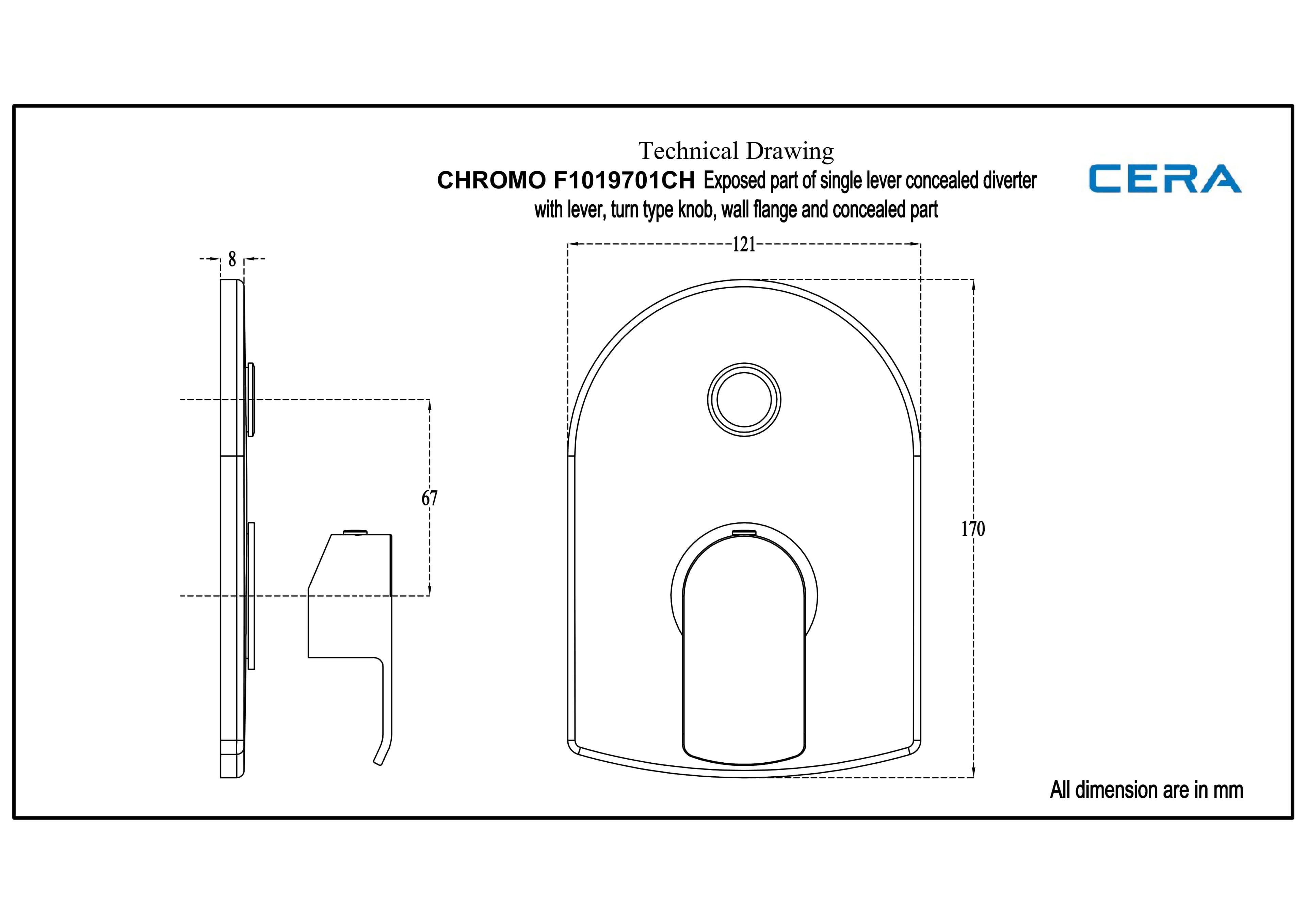 Chromo Exposed Part for Push Type Single Lever Concealed Diverter 35 mm | Chrome Finish | Compatible With Concealed Part F4010108 sold separately — image 2