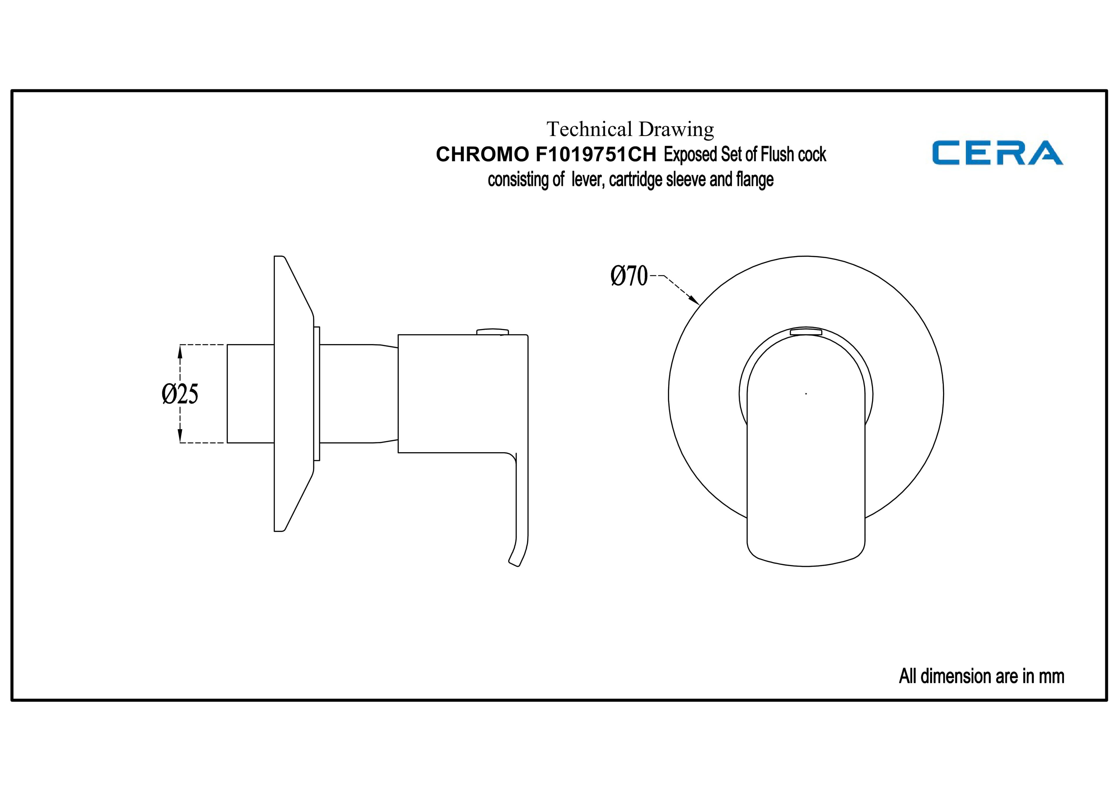 Chromo Flush Cock | Chrome Finish | Exposed Part (Lever, Cartridge Sleeve, Flange) | Compatible With Concealed Part F4060102 sold separately — image 2