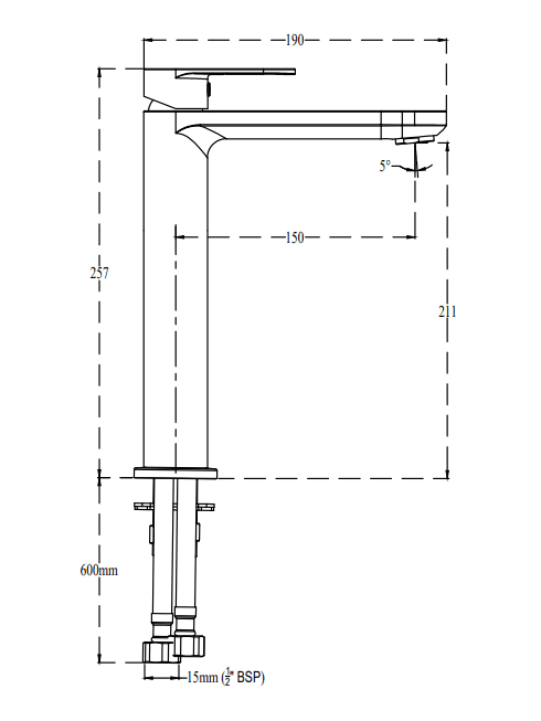 Curve Single Lever Basin Mixer Tall (Hot & Cold Water) | Chrome Finish | With 300 mm (12") Extended Body, 131.5 mm Spout Length and 600 mm Braided Connection Pipe — image 2