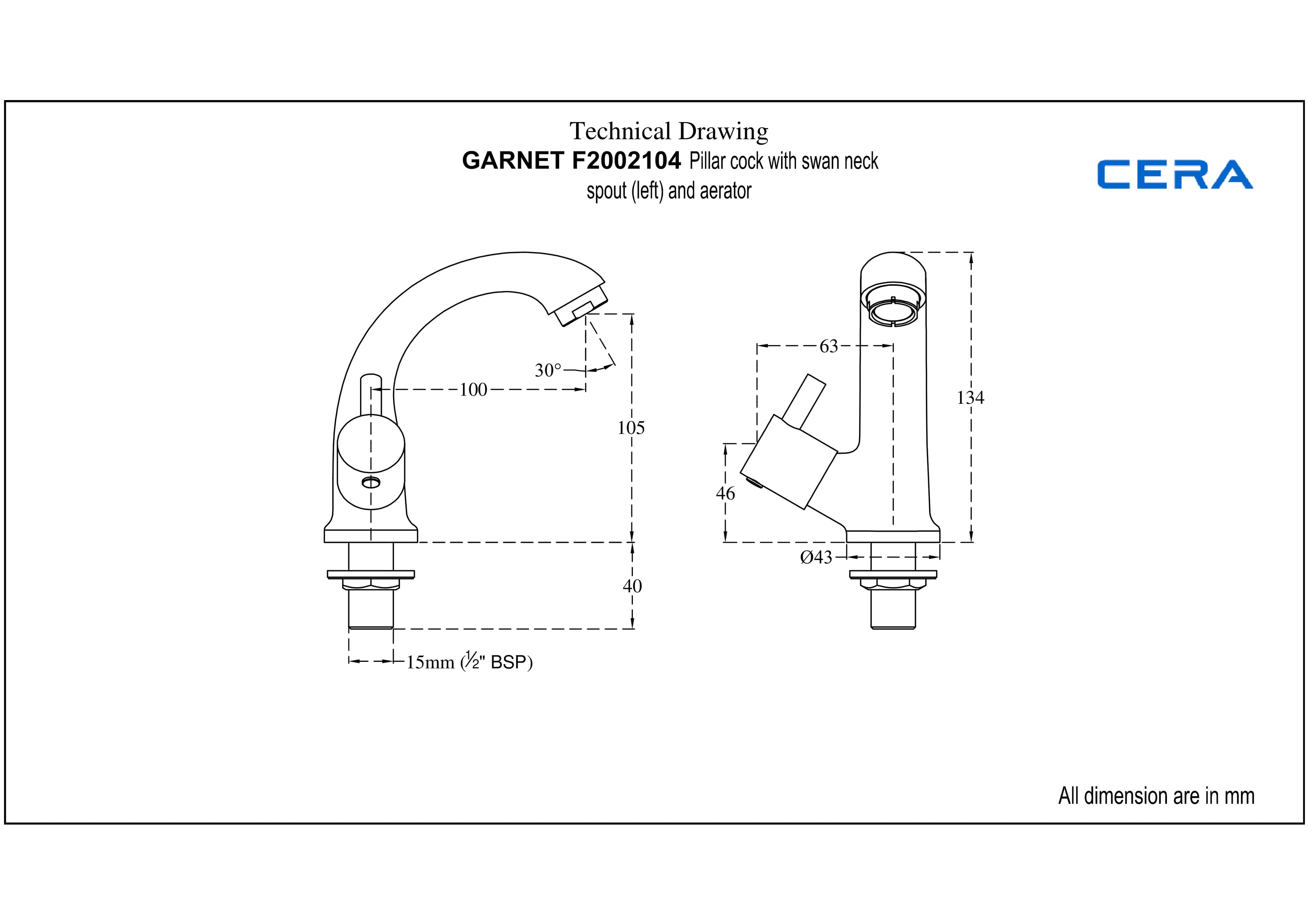 Garnet Pillar Cock (Cold Water only) With Swan Neck Spout (Left) | Chrome Finish — image 2