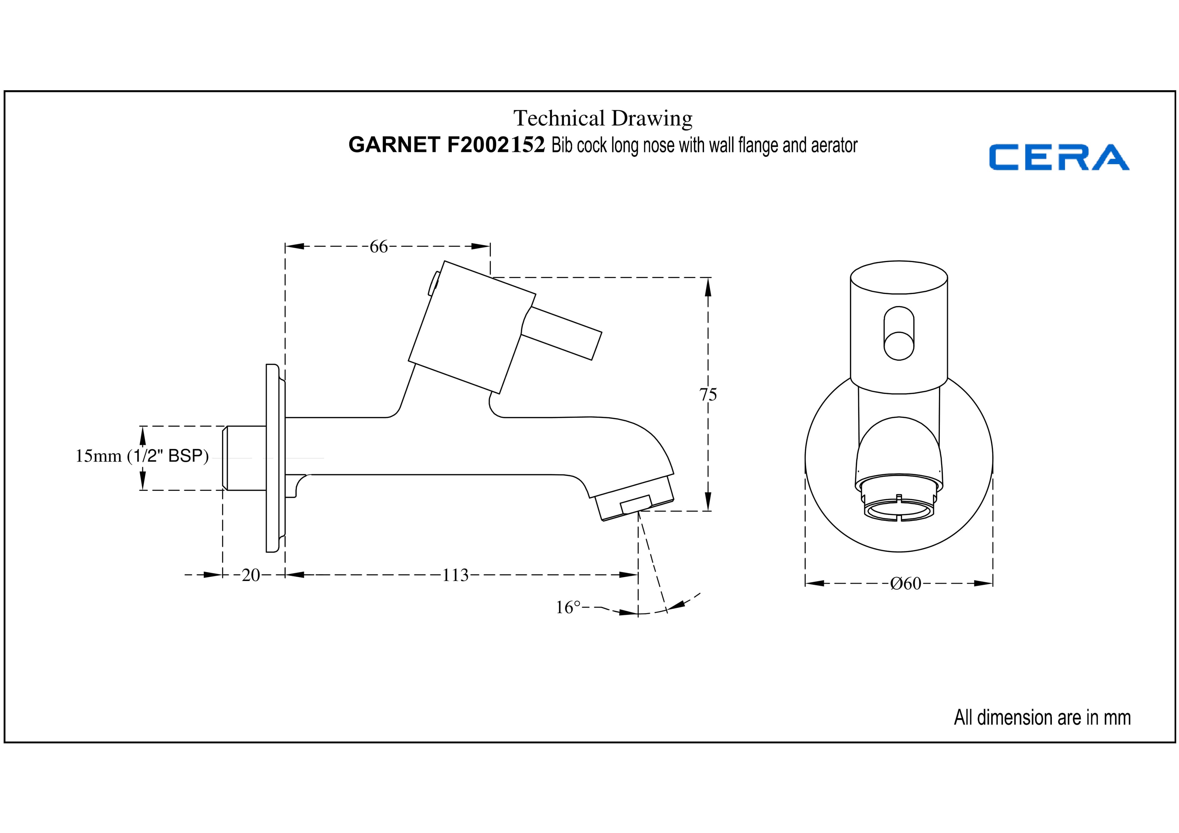 Garnet Bib Cock (Only Cold Water) Long Nose With Flange | Chrome Finish — image 4