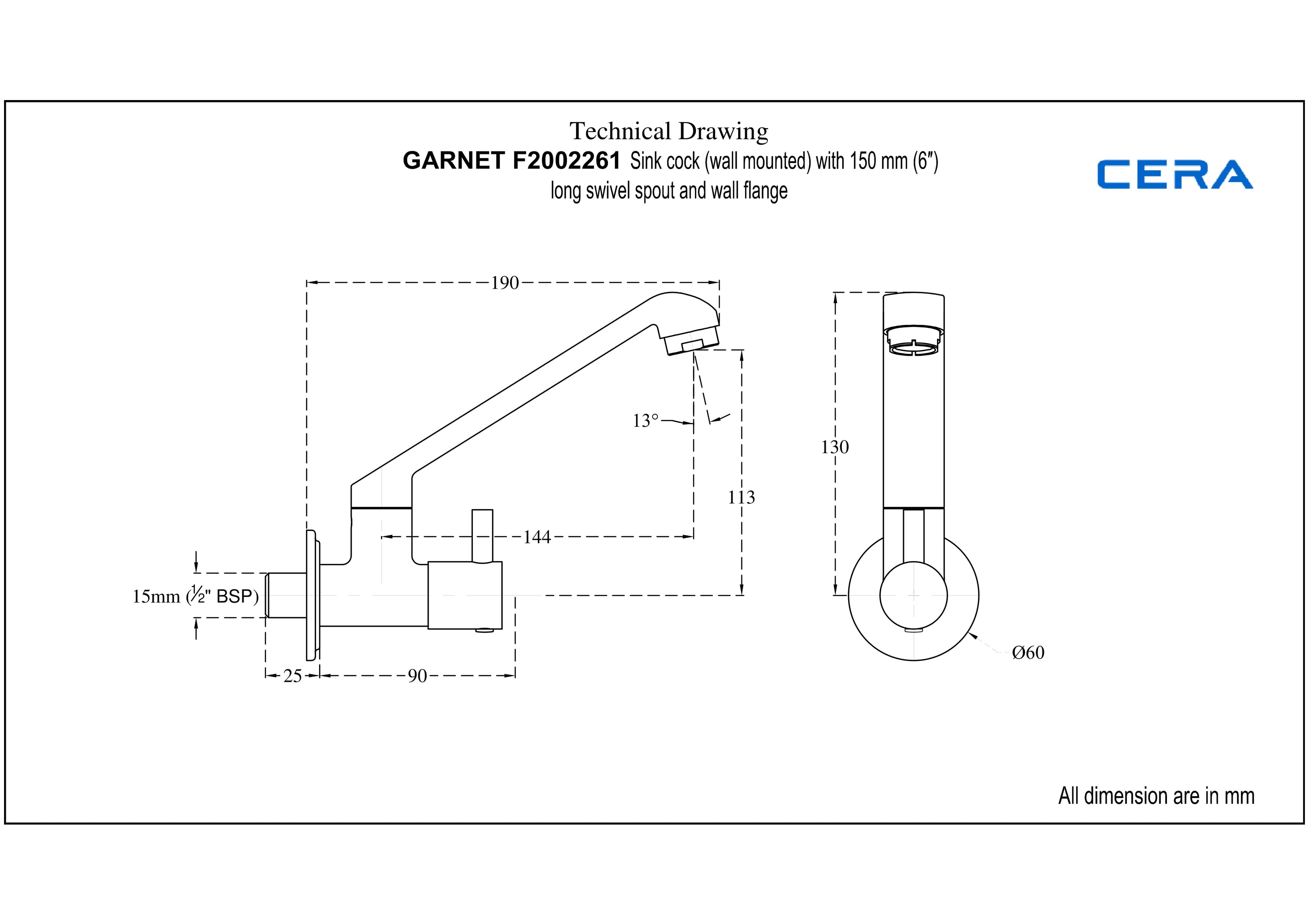 Garnet Kitchen Faucet (Cold Water Only) With 150 mm (6") Long Swivel Spout and Wall Flange | Chrome Finish | For Kitchen use — image 2