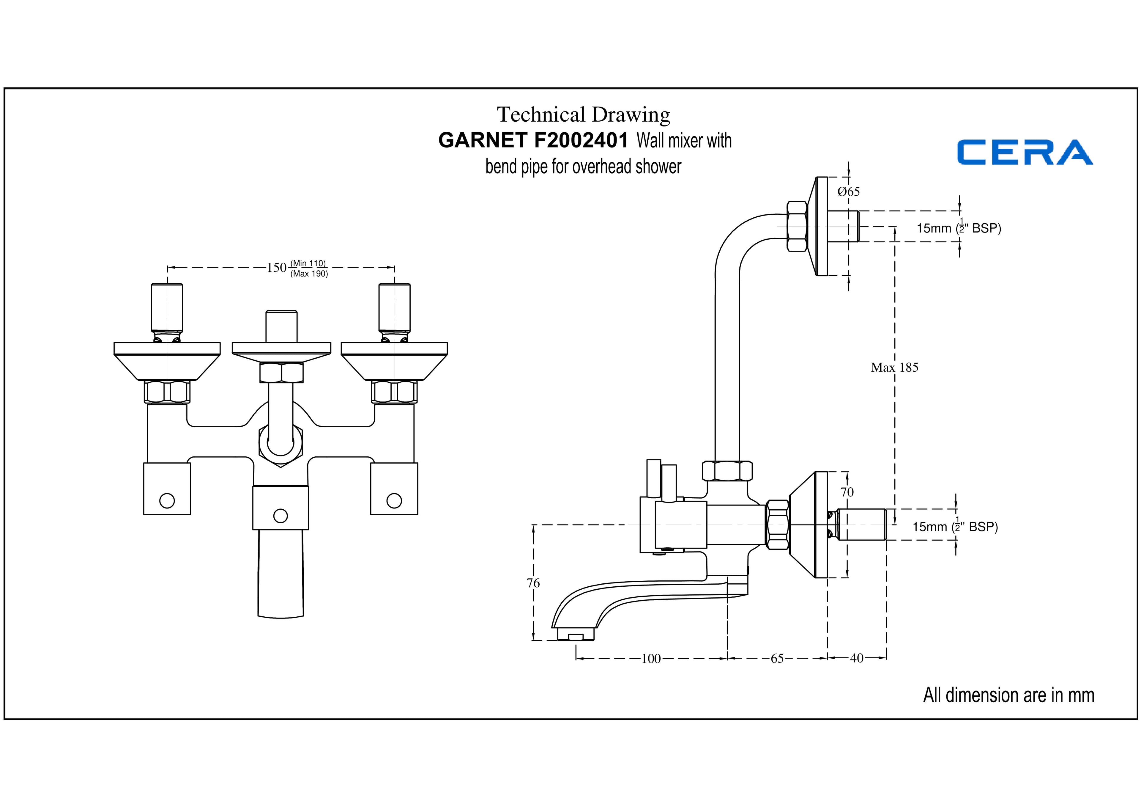 Garnet Wall Mixer With Bend Pipe for Overhead Shower | Chrome Finish — image 2